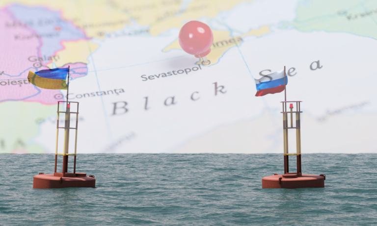 Black Sea Map with Ukraine and Russia Flags