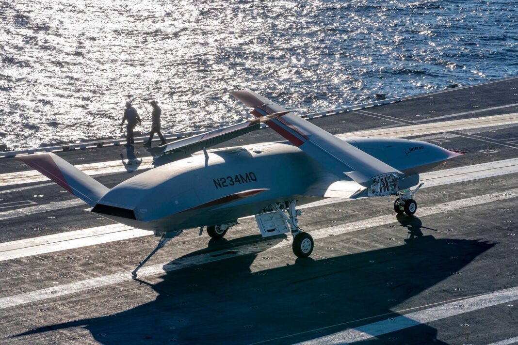 An MQ-25 Stingray onboard USS George H.W. Bush (CVN -77).