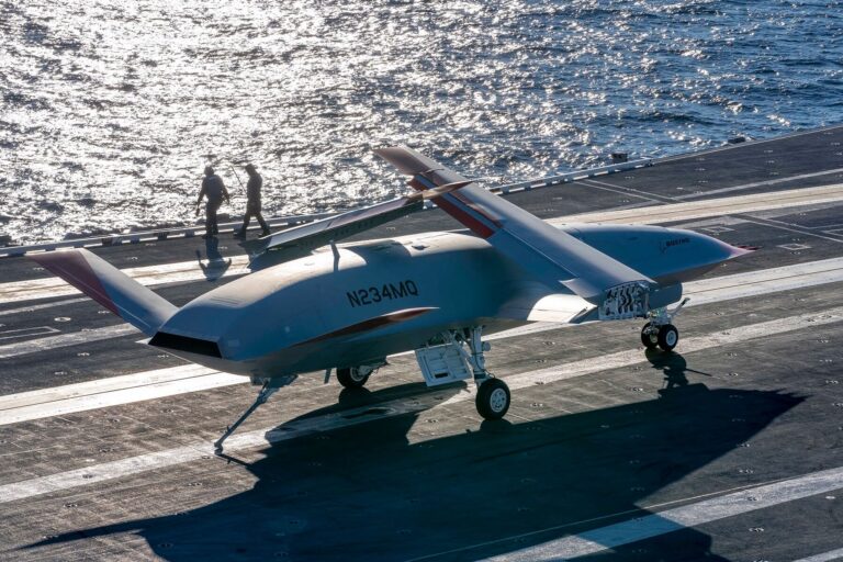 An MQ-25 Stingray onboard USS George H.W. Bush (CVN -77).