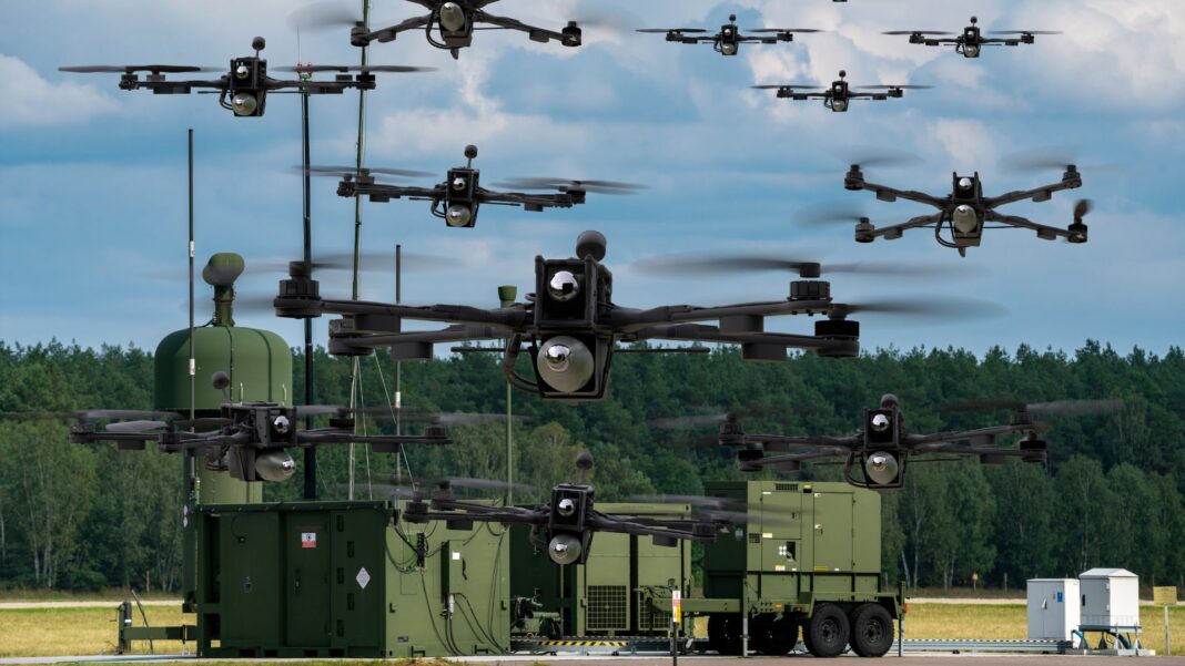 Swarm of combat drones and command systems