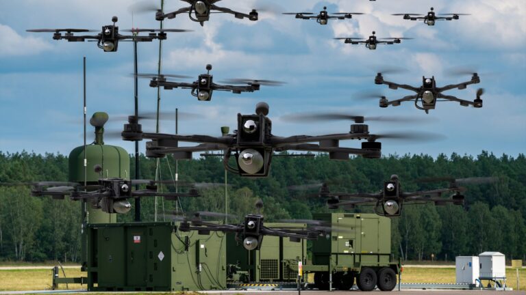 Swarm of combat drones and command systems