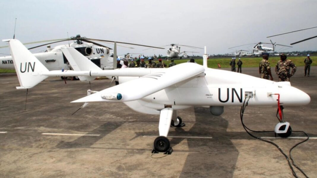A UN drone recharges at the MONUSCO base, Goma, Democratic Republic of the Congo.