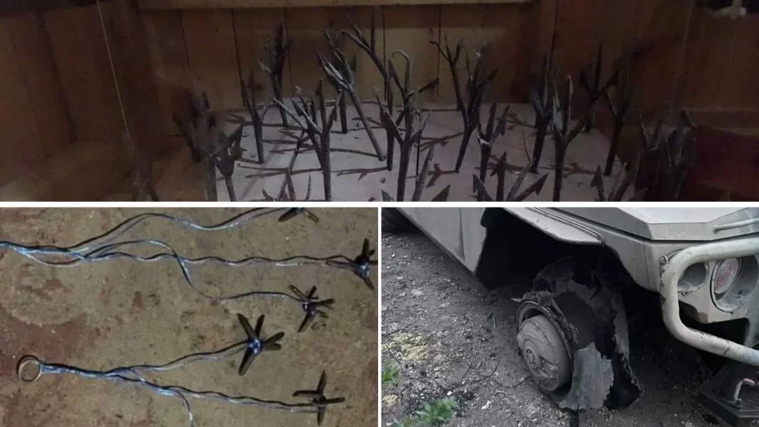 Ukraine drops caltrops on roads to damage Russian vehicles' wheels.