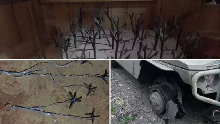 Ukraine drops caltrops on roads to damage Russian vehicles' wheels.