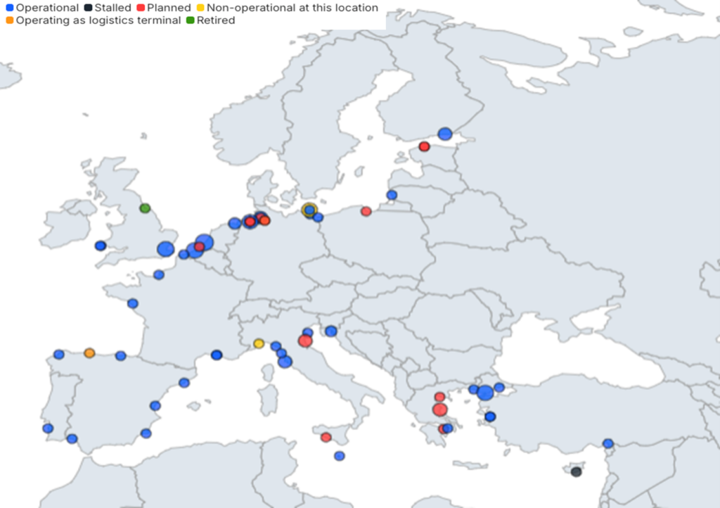 Figure 2 - Europe’s existing and planned LNG terminals (Source: ieefa.org)